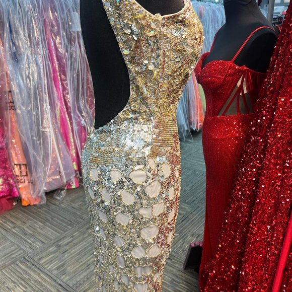 Precious Formals P9117 sz 0 PLATINUM GOLD PEWTER FITTED DRESS - Picture 8 of 10